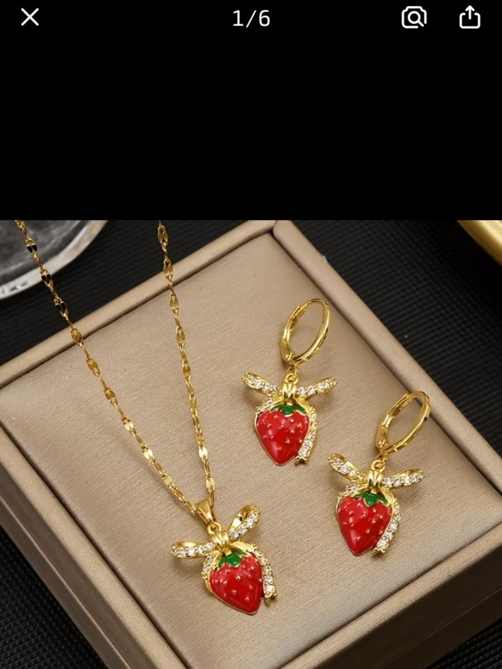 Gold Plated Strawberry Necklace & Earring Set - Red